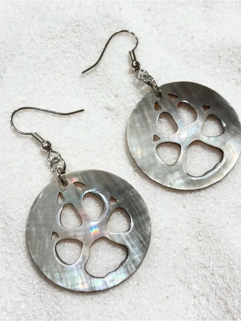 Hand carved Natural Black Lip Shell Wolf Paw Print Earrings